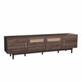 79" Modern Walnut TV Stand for TVs up to 85", Media Console with Rattan Doors & Open Shelving