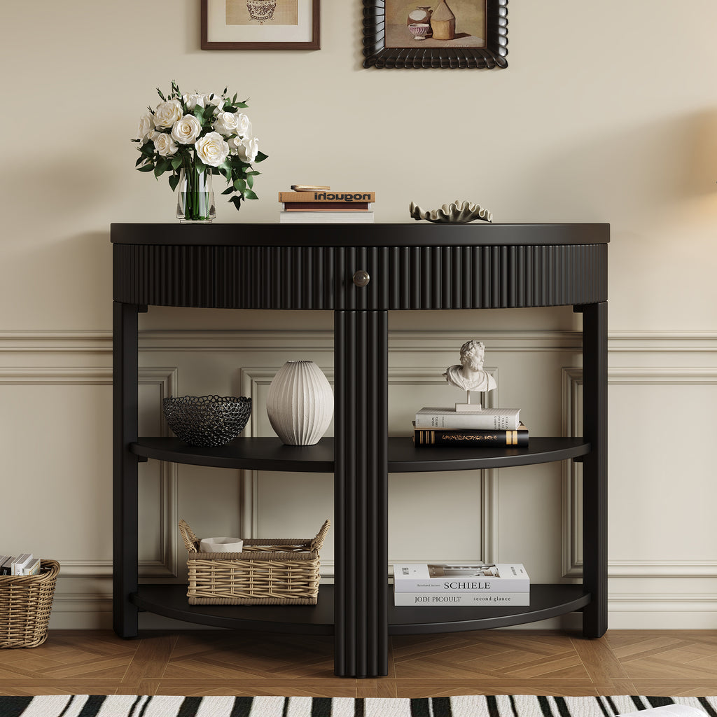 PlushPad Fluted Half Moon Console Table for Entryway, Black Media Console with Drawer & 2 Shelves