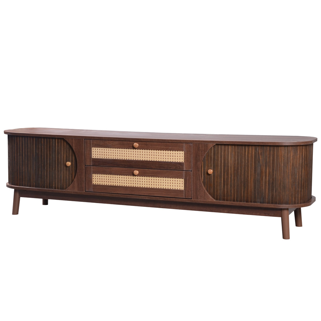 67" Modern Farmhouse TV Stand for TVs up to 75", Natural Rattan Media Console with Sliding Doors
