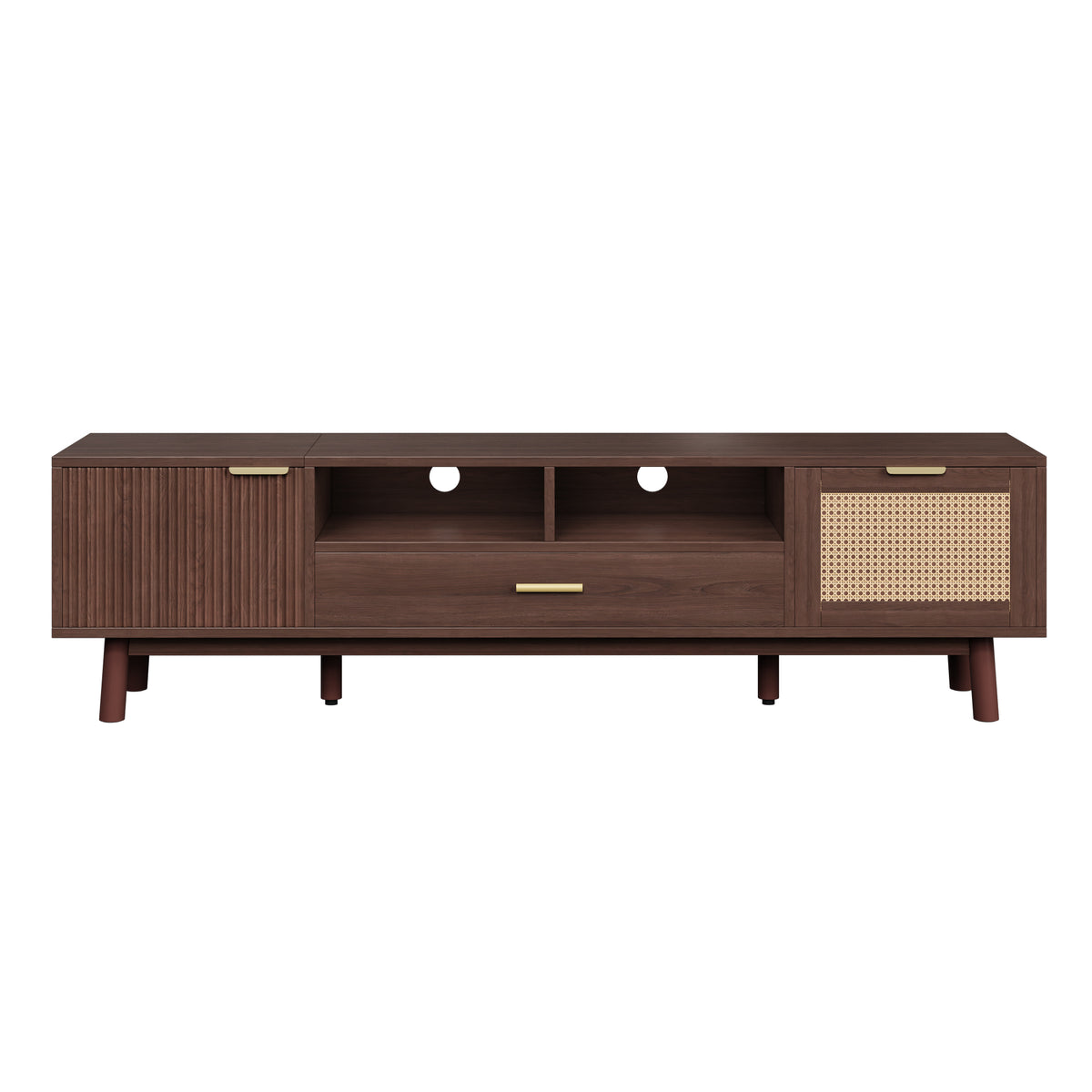 67" Modern TV Stand for TVs up to 75", Dark Brown Media Console with Rattan Drawers & Soft-Close Doors