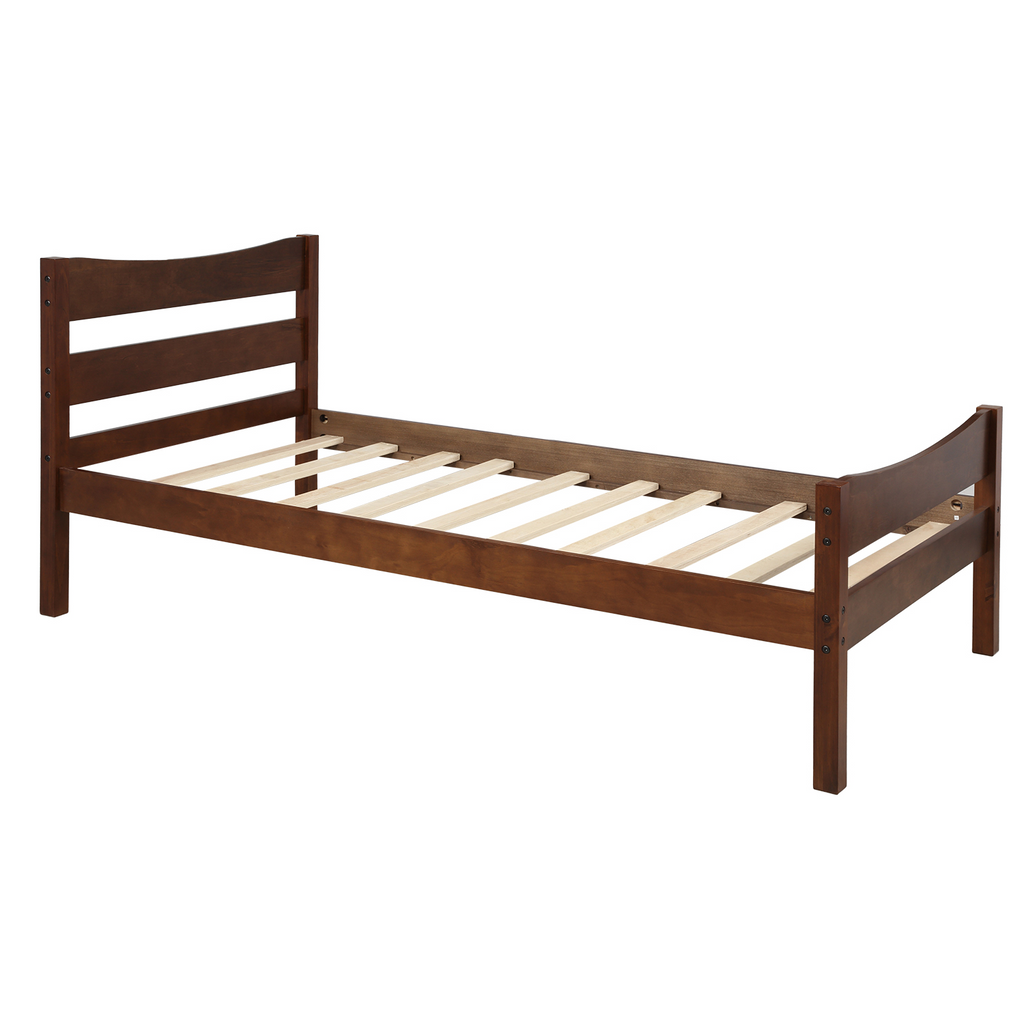 Twin Size Wood Platform Bed with Headboard, Solid Wood Mattress Foundation in Walnut