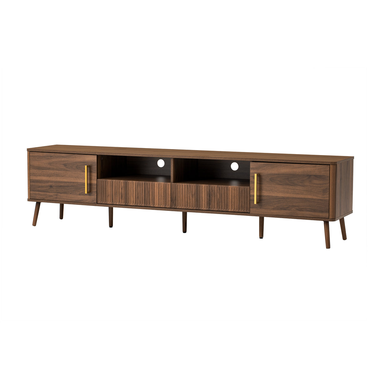 Modern 78-inch TV Stand for TVs up to 85 inches, Walnut Finish with Soft-Close Doors, Open Shelf, Cable Management, Solid Wood Legs, Living Room Entertainment Console