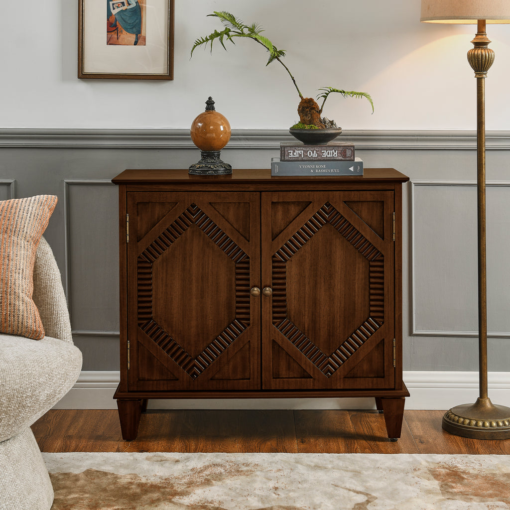 34" Mid-Century Modern Walnut Sideboard Buffet Cabinet with Geometric Accent Doors