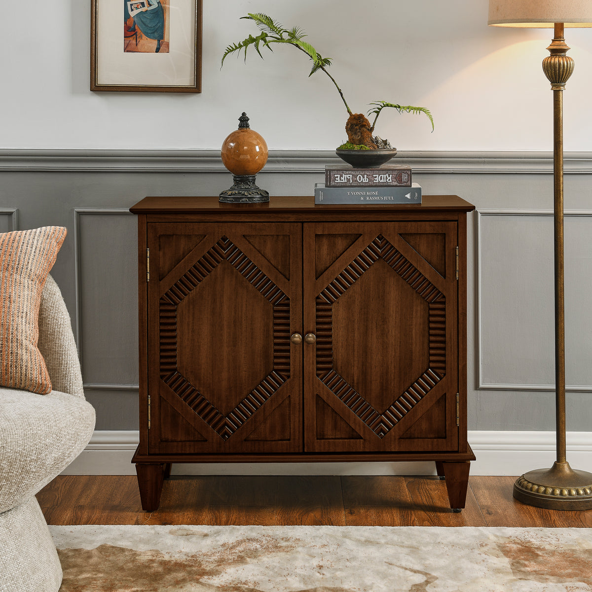 34" Mid-Century Modern Walnut Sideboard Buffet Cabinet with Geometric Accent Doors