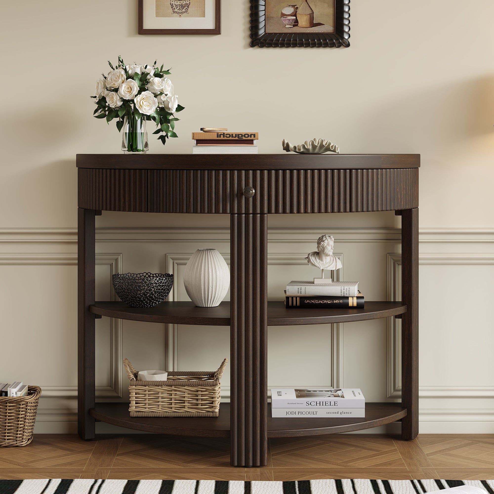 Fluted Half Moon Console Table for Entryway, Espresso Media Console with Drawer & 2 Shelves