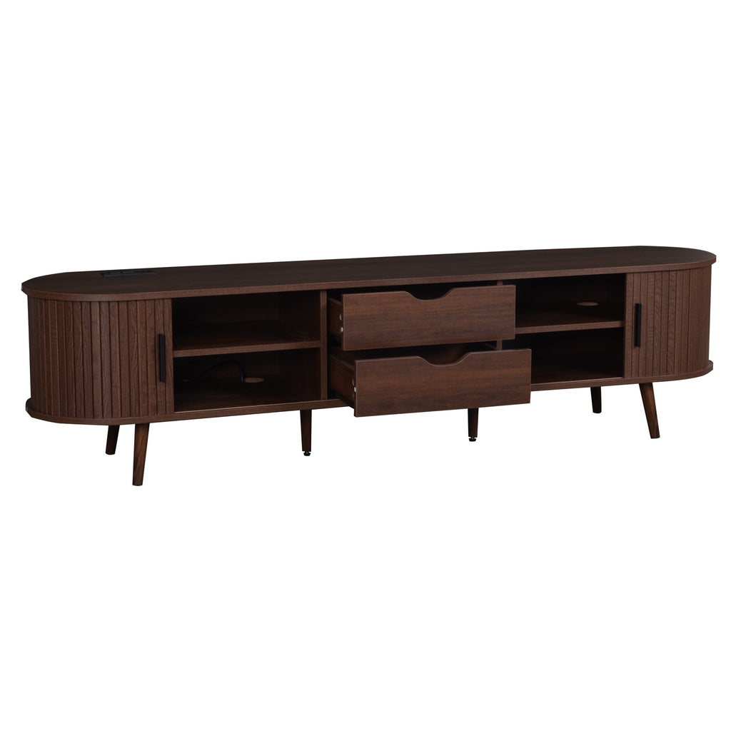 70" Mid-Century Modern TV Stand for TVs up to 80", Dark Brown Media Console with Tambour Doors & Power Outlet