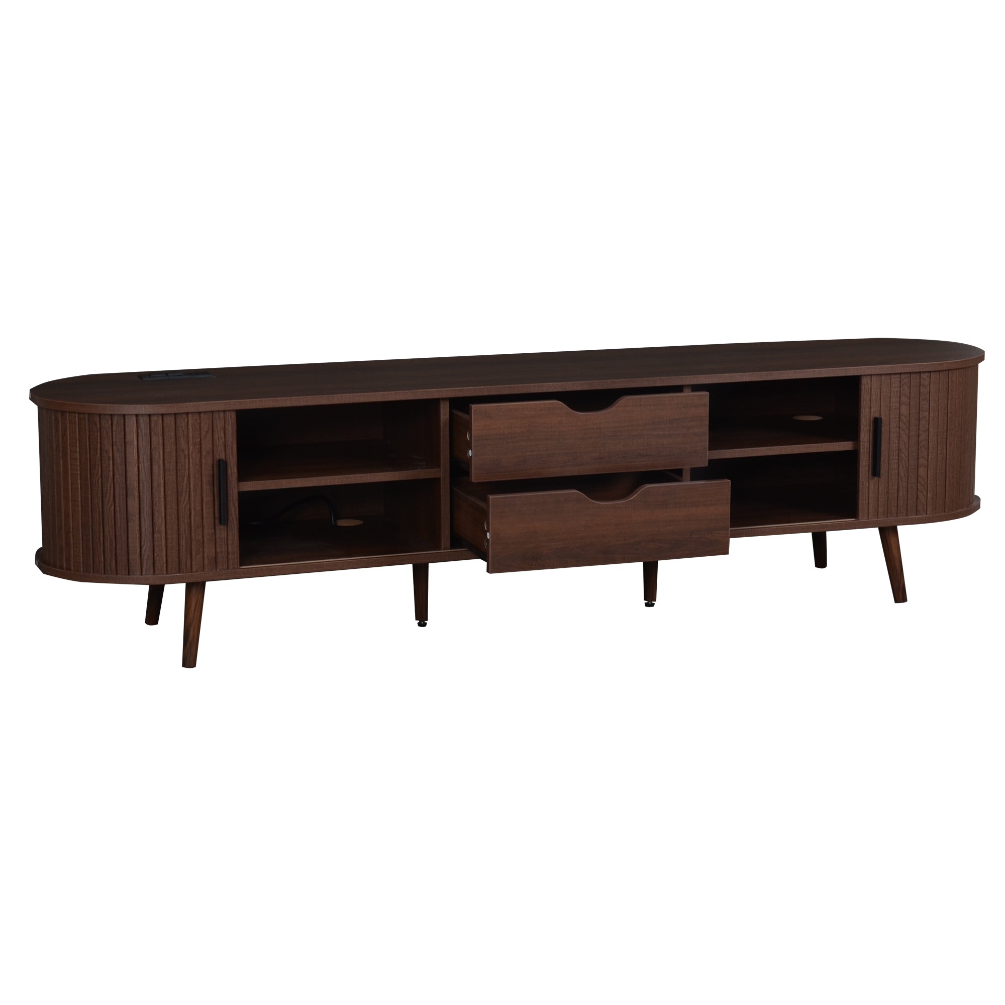 70" Mid-Century Modern TV Stand for TVs up to 80", Dark Brown Media Console with Tambour Doors & Power Outlet