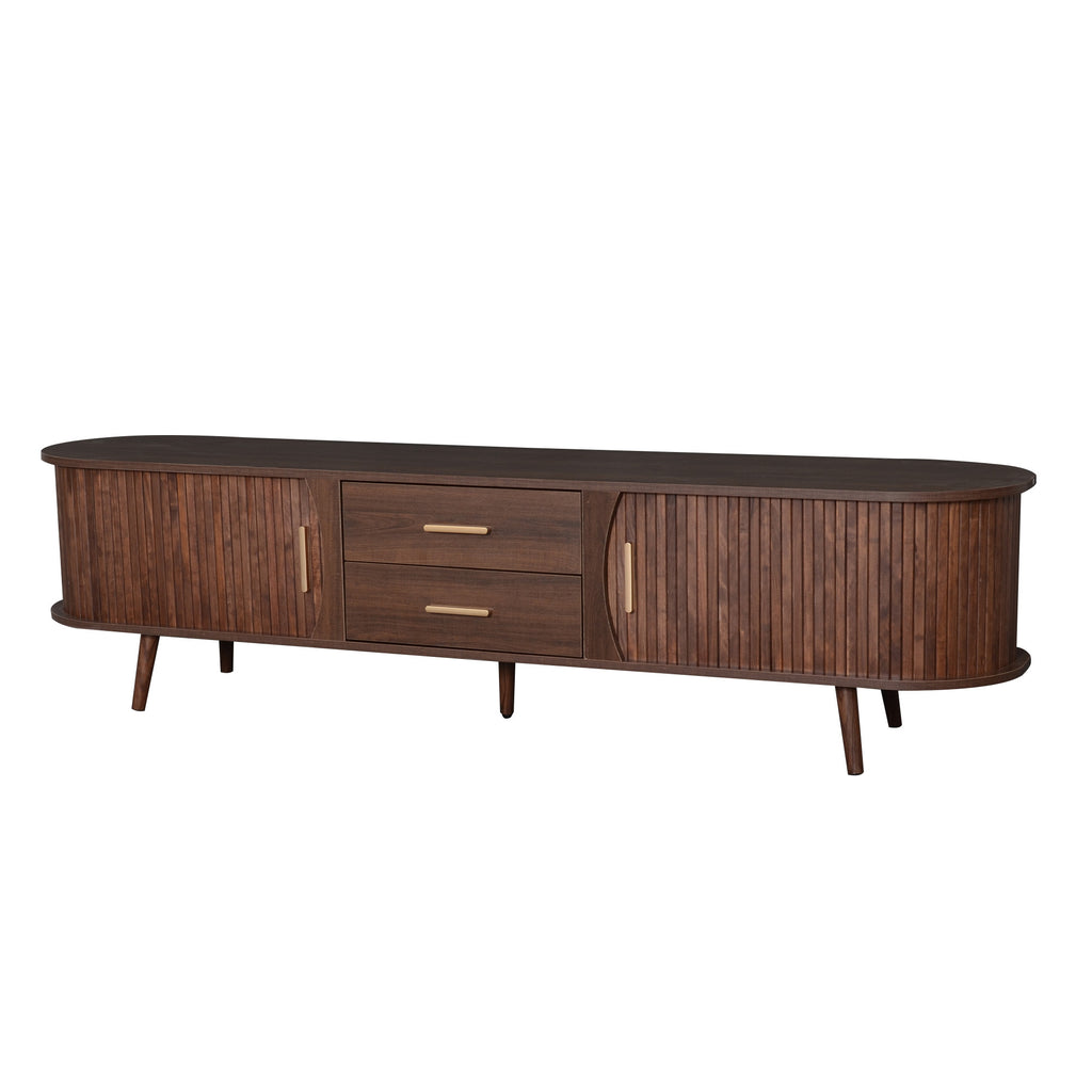 79" Retro Walnut TV Stand for TVs up to 85", Media Console with Rattan Doors