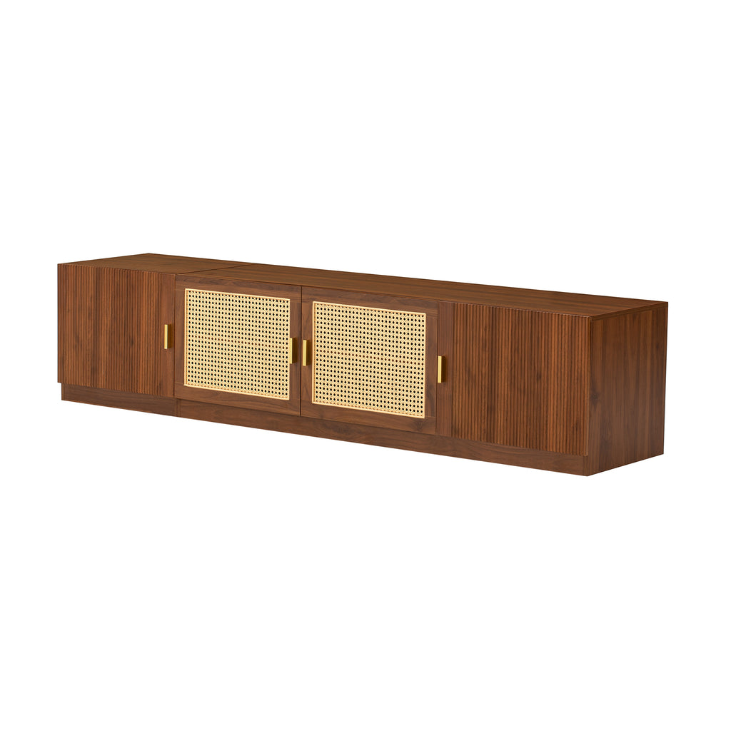 78" Retro Walnut TV Stand for TVs up to 85", Media Console with Rattan Doors
