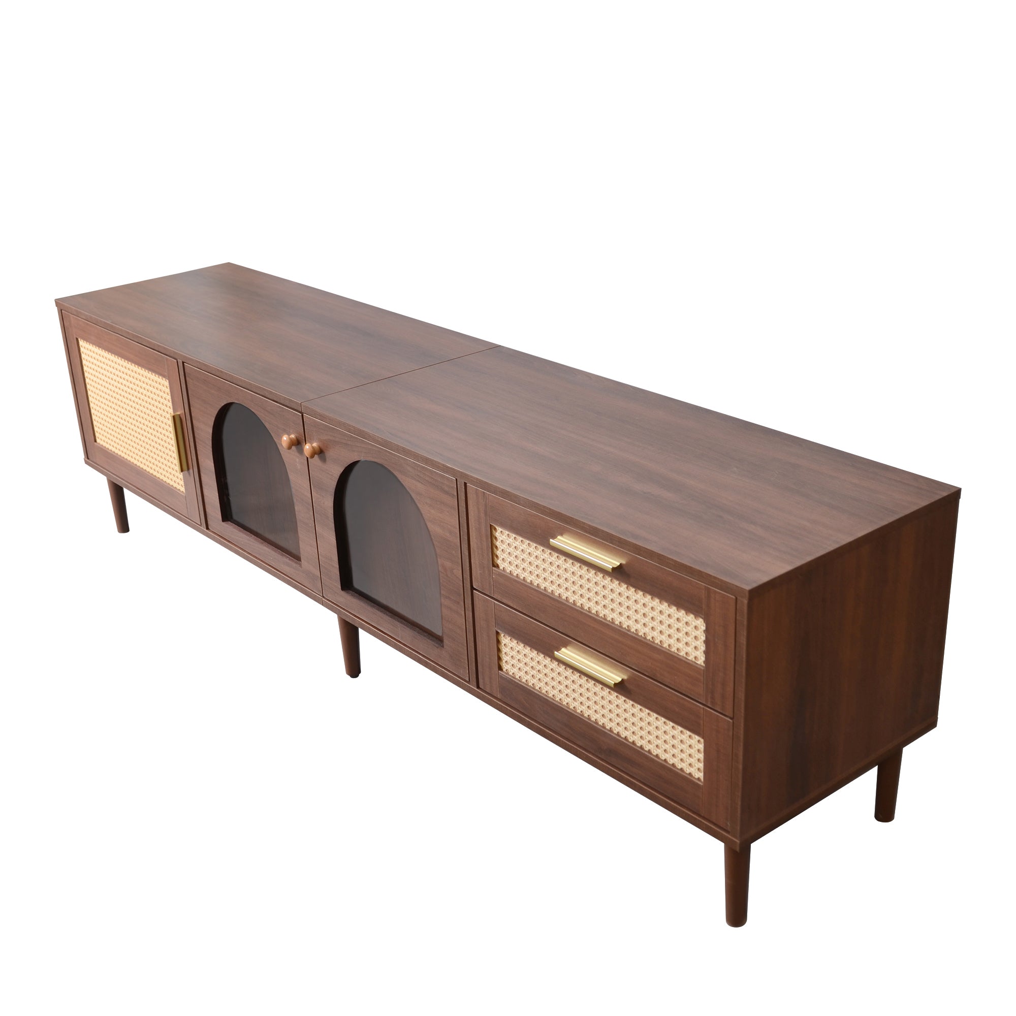 78" Retro Walnut TV Stand for TVs up to 85", Media Console with Rattan Doors