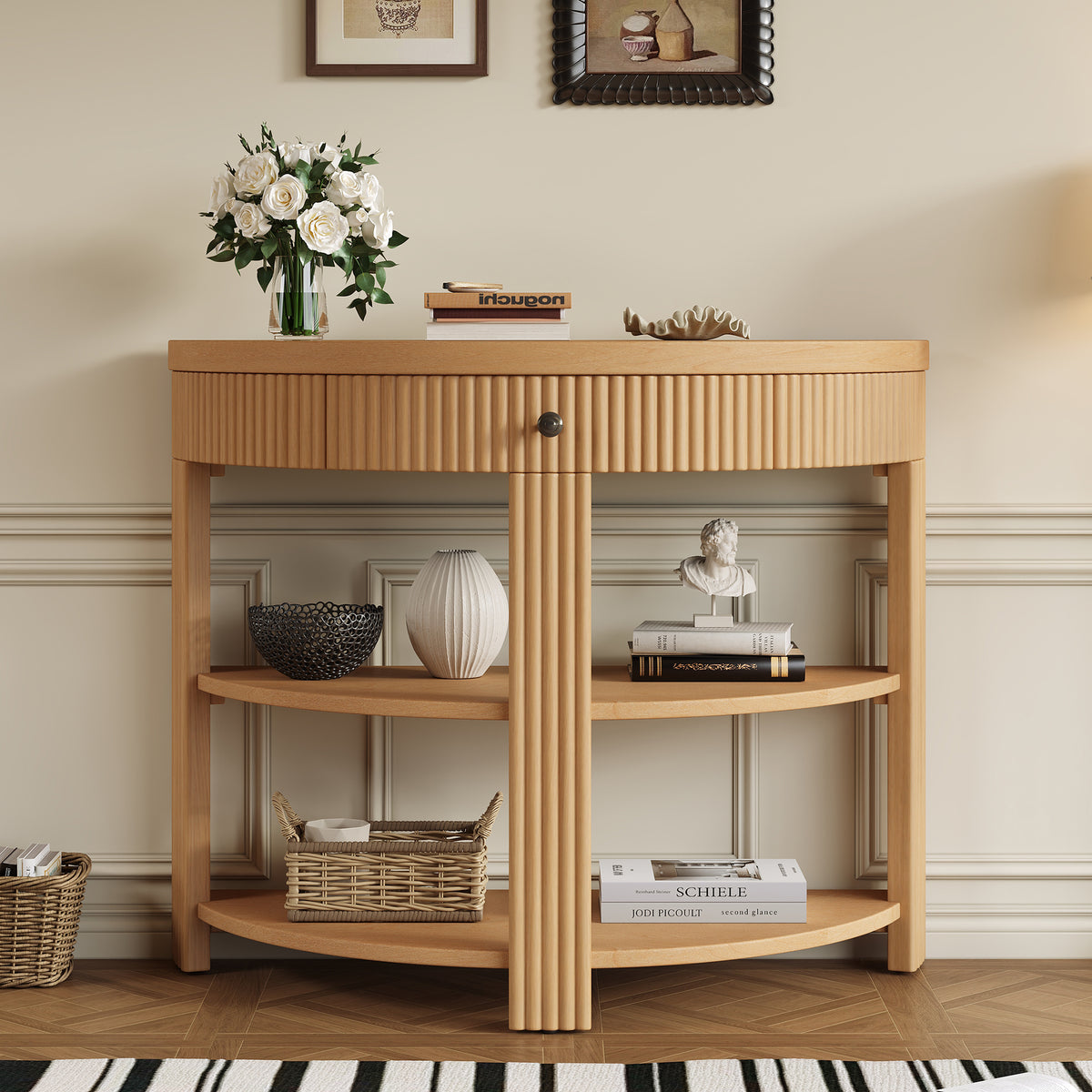 Fluted Half Moon Console Table for Entryway, Natural Media Console with Drawer & 2 Shelves