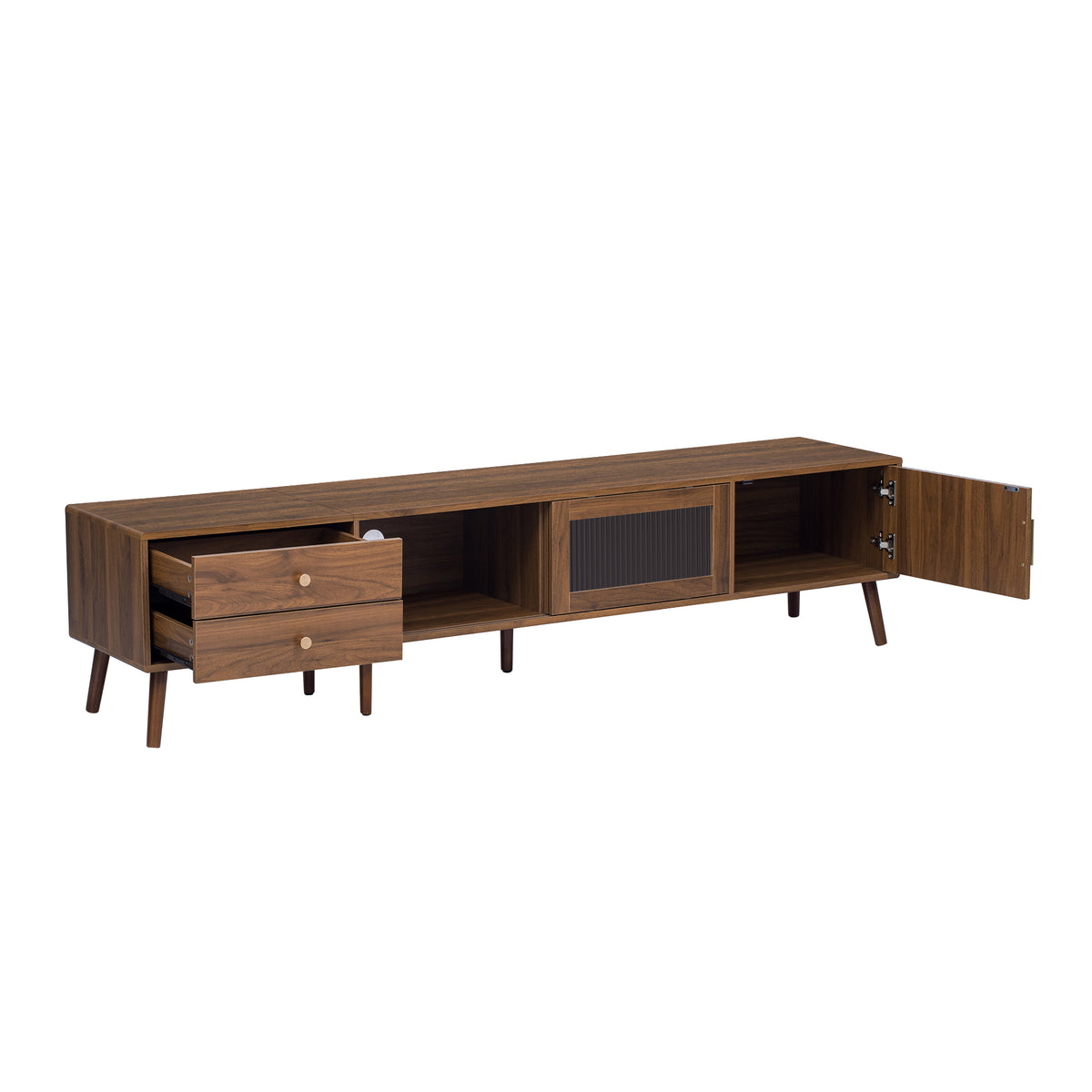 76" Modern Fluted Glass TV Stand for TVs up to 85", Wood Media Console