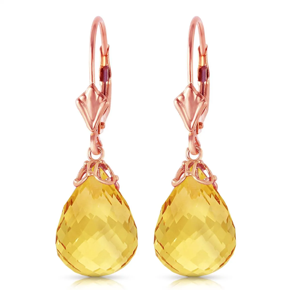 14K Solid Rose Gold Leverback Earrings Briolette Citrine Gemstone