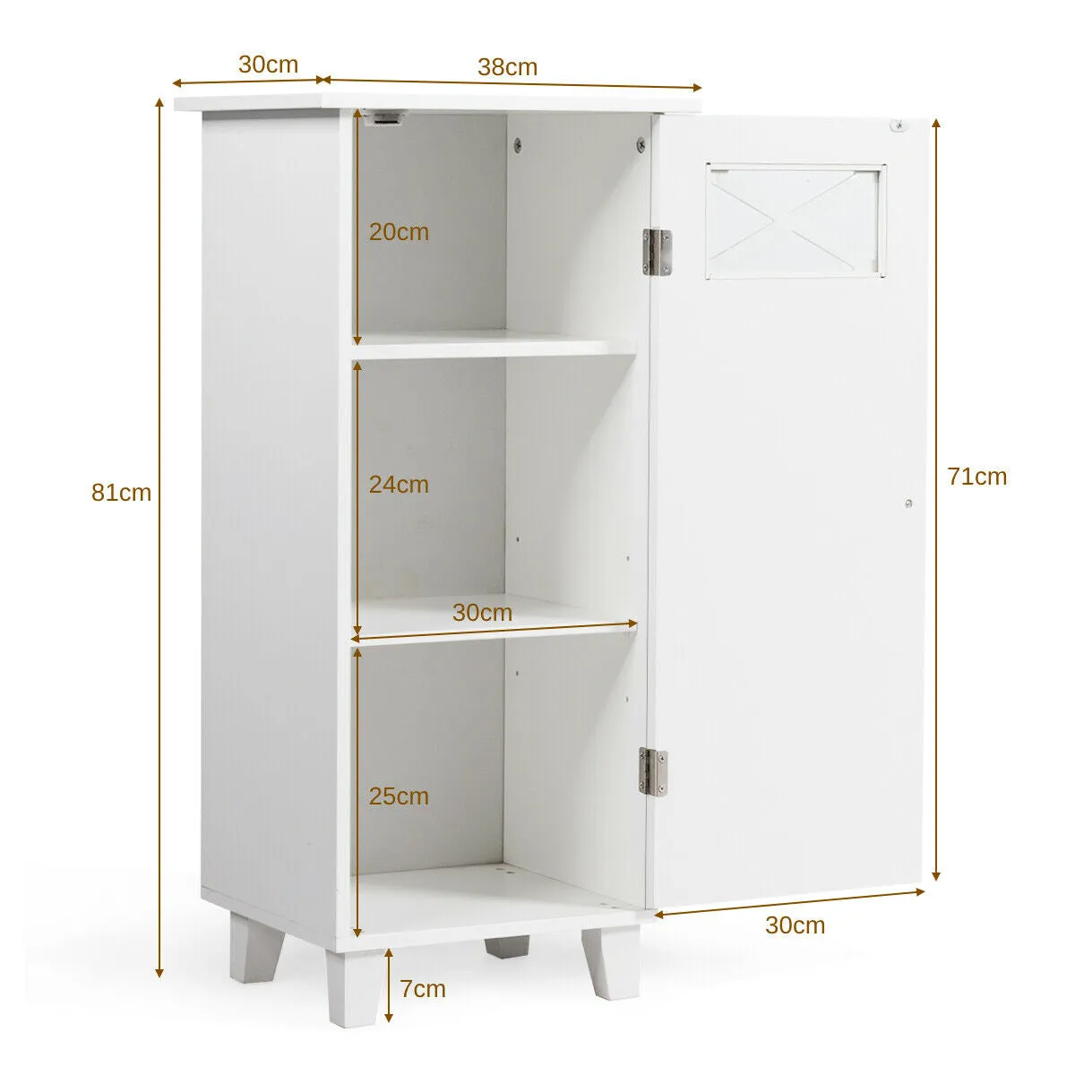 3 Tier Freestanding Bathroom Floor Cabinet with 1 Door and1 Window