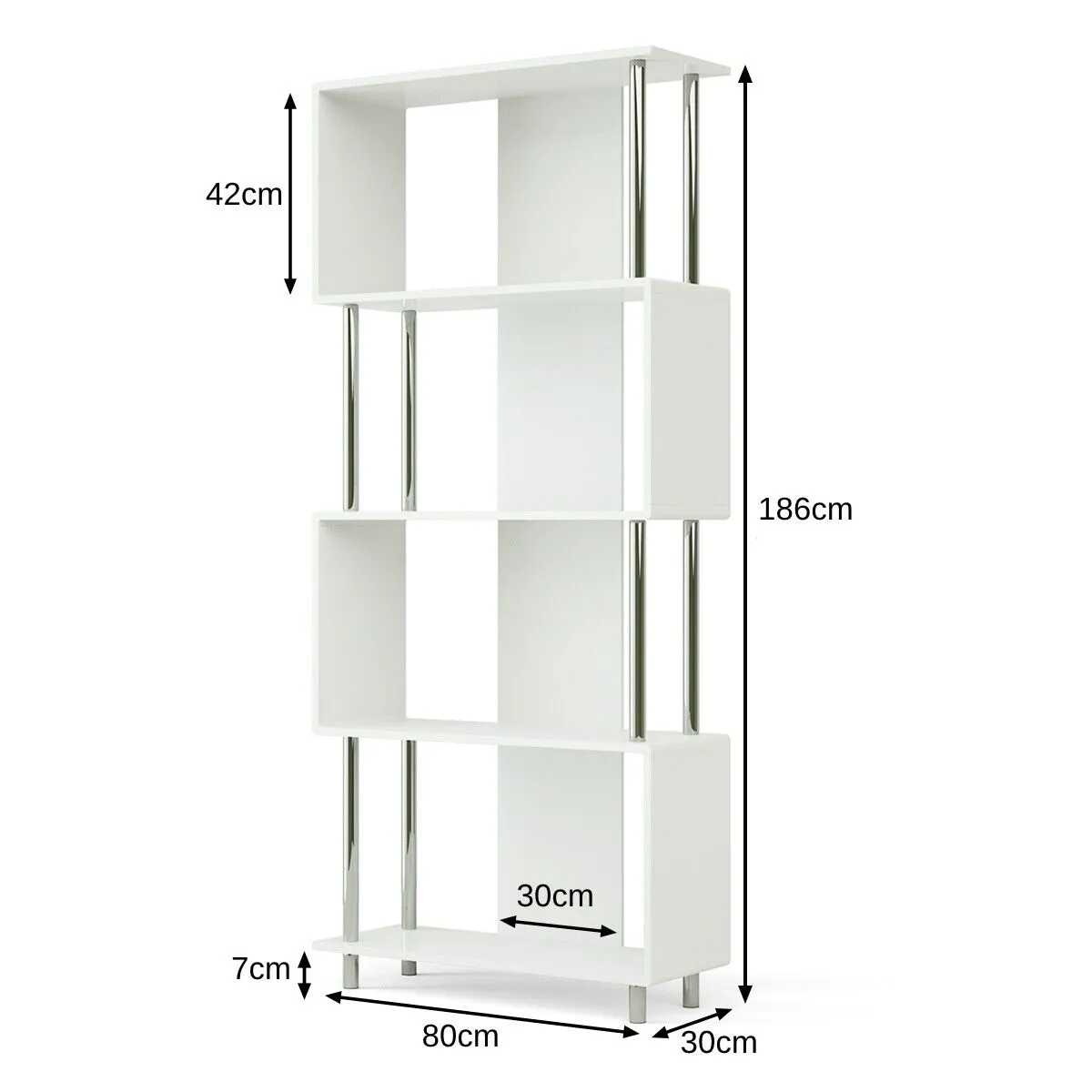 4-Tier S-Shaped Wooden Bookshelf for Living Room Bedroom Office-White