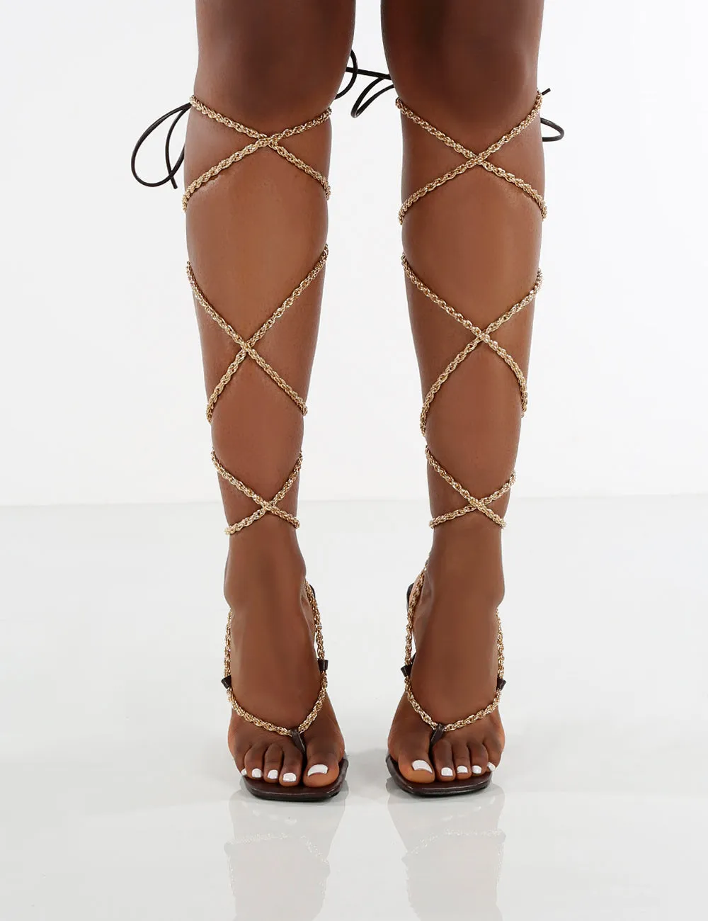 Amber x Public Desire Goldenhour Chocolate Strappy Chain Stiletto Heels