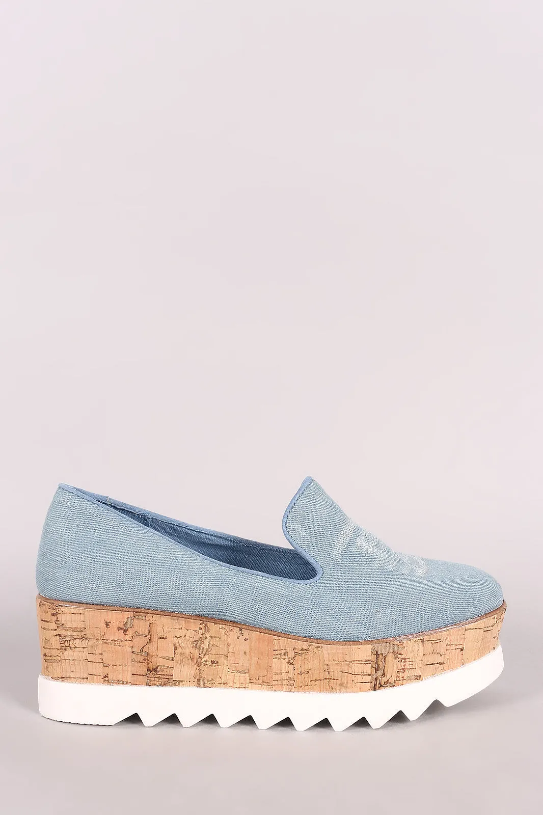 Bamboo Distressed Denim Lug Sole Loafer Platform Wedge