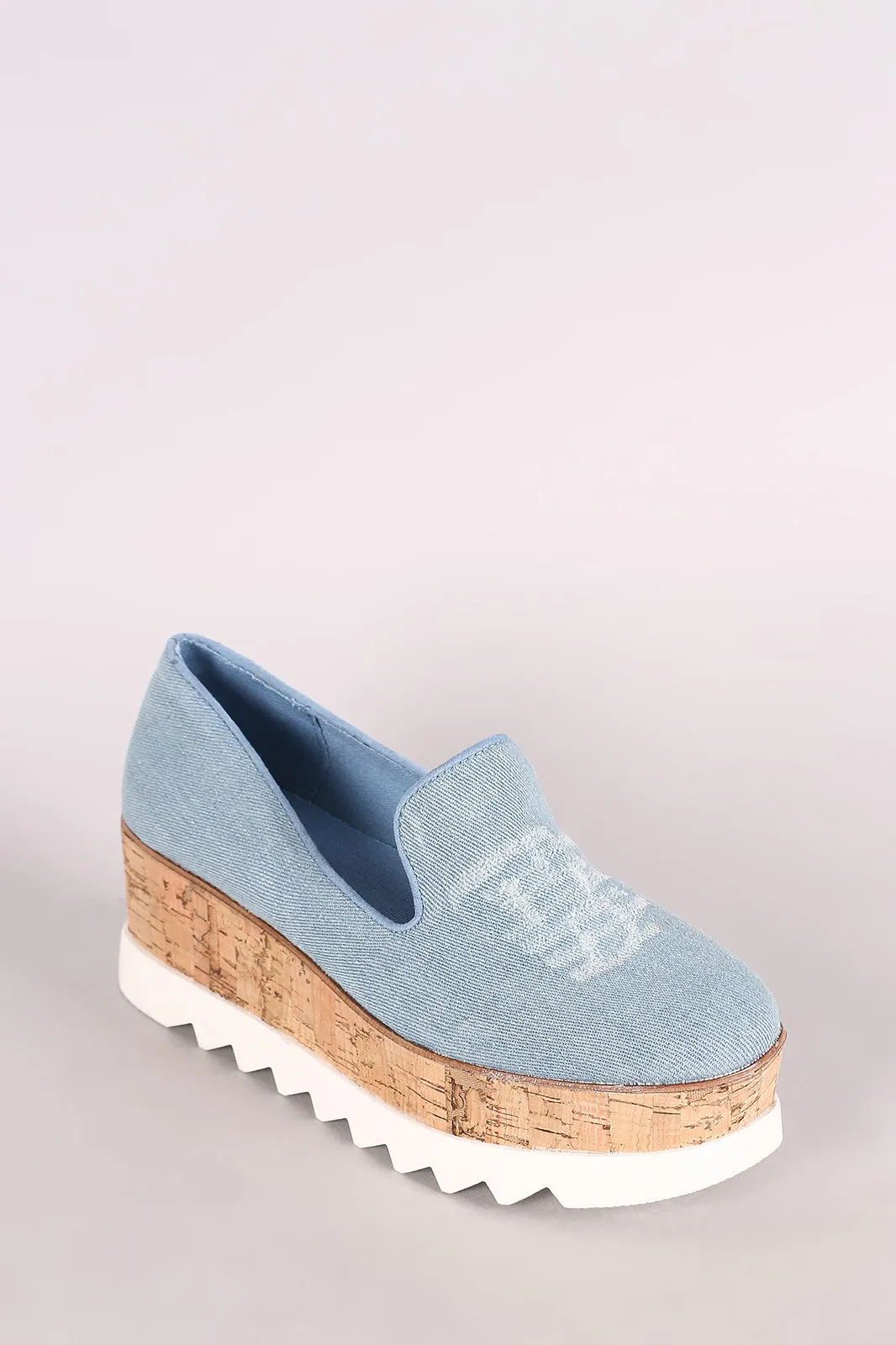 Bamboo Distressed Denim Lug Sole Loafer Platform Wedge