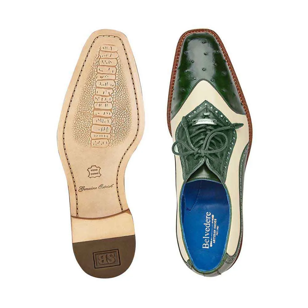 Belvedere Sesto Men's Forest Green & Cream Allure Ostrich/Calf-Skin Leather Oxford Shoes