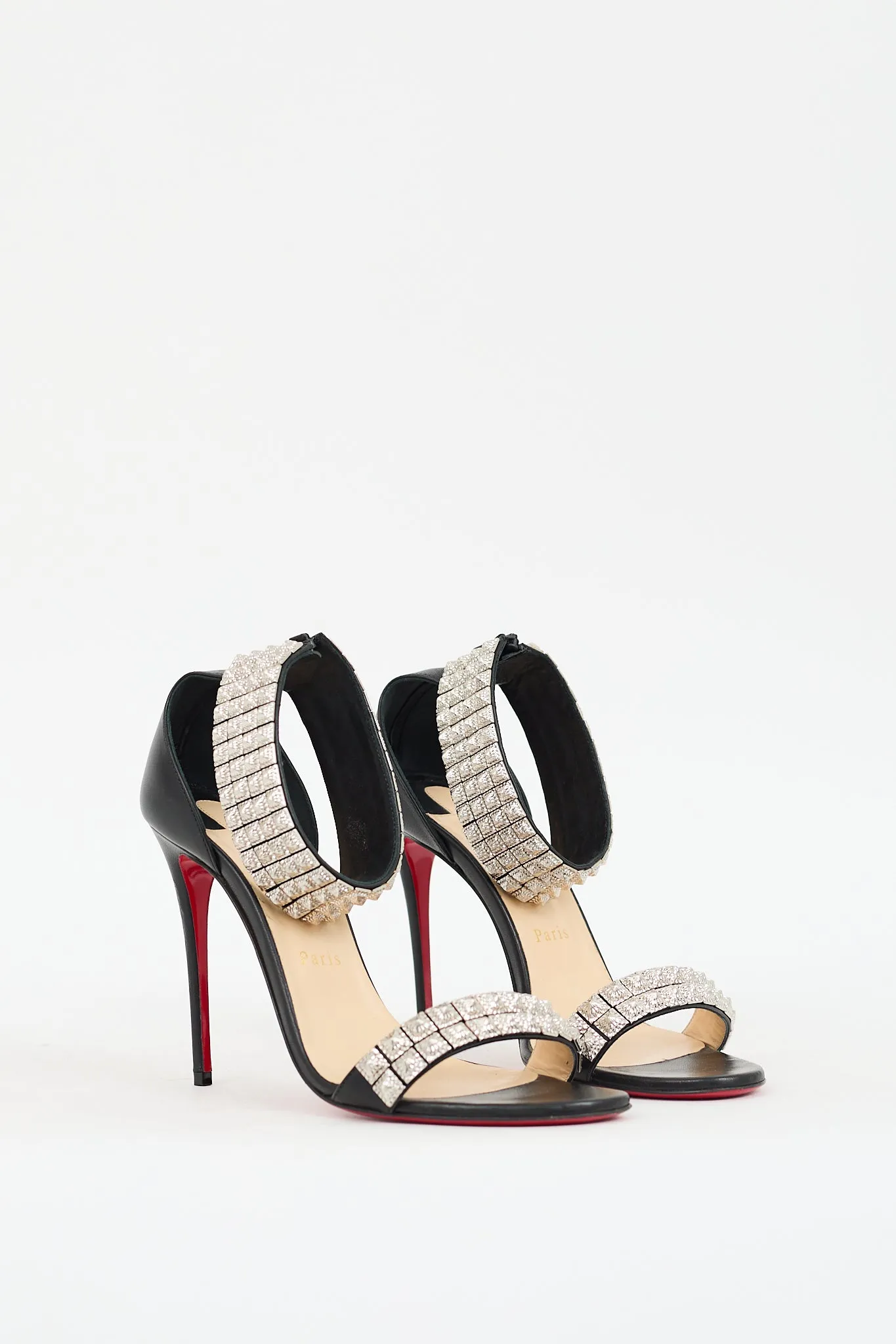 Black & Silver Leather Priyadora Studded Sandal