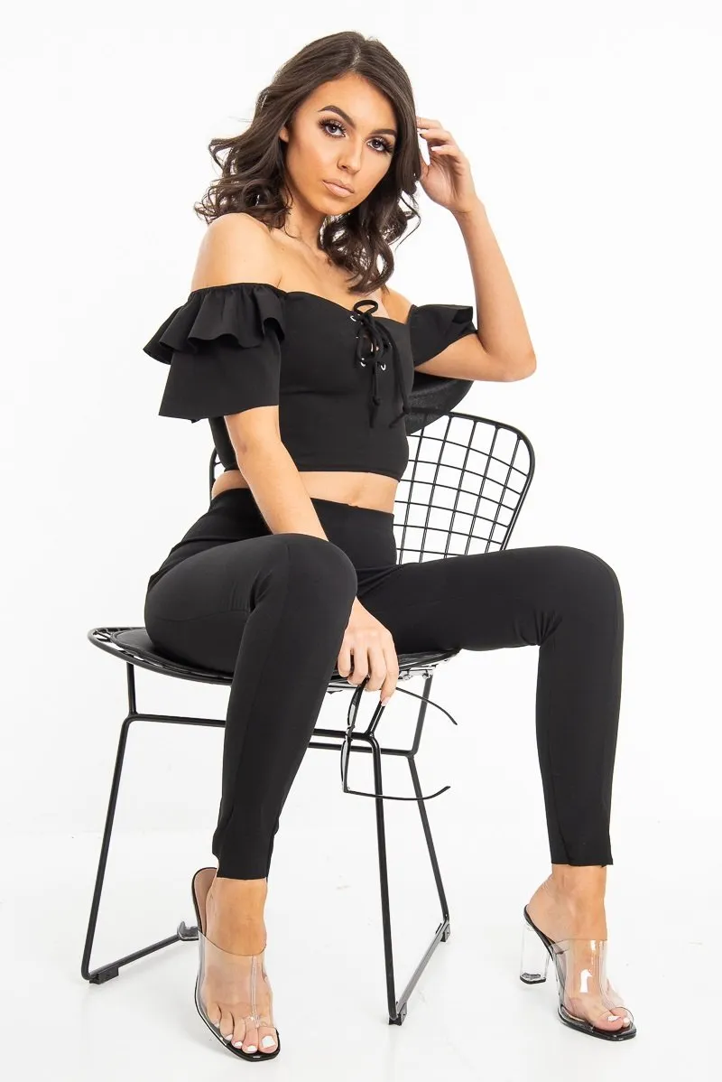 Black Cold Shoulder Lace Up Bardot Crop Top - Kenndra