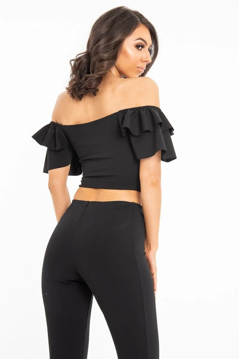 Black Cold Shoulder Lace Up Bardot Crop Top - Kenndra