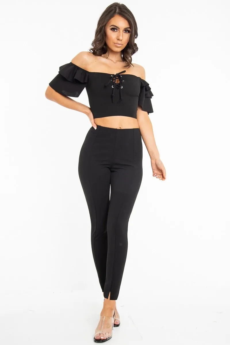 Black Cold Shoulder Lace Up Bardot Crop Top - Kenndra