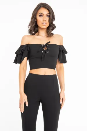 Black Cold Shoulder Lace Up Bardot Crop Top - Kenndra