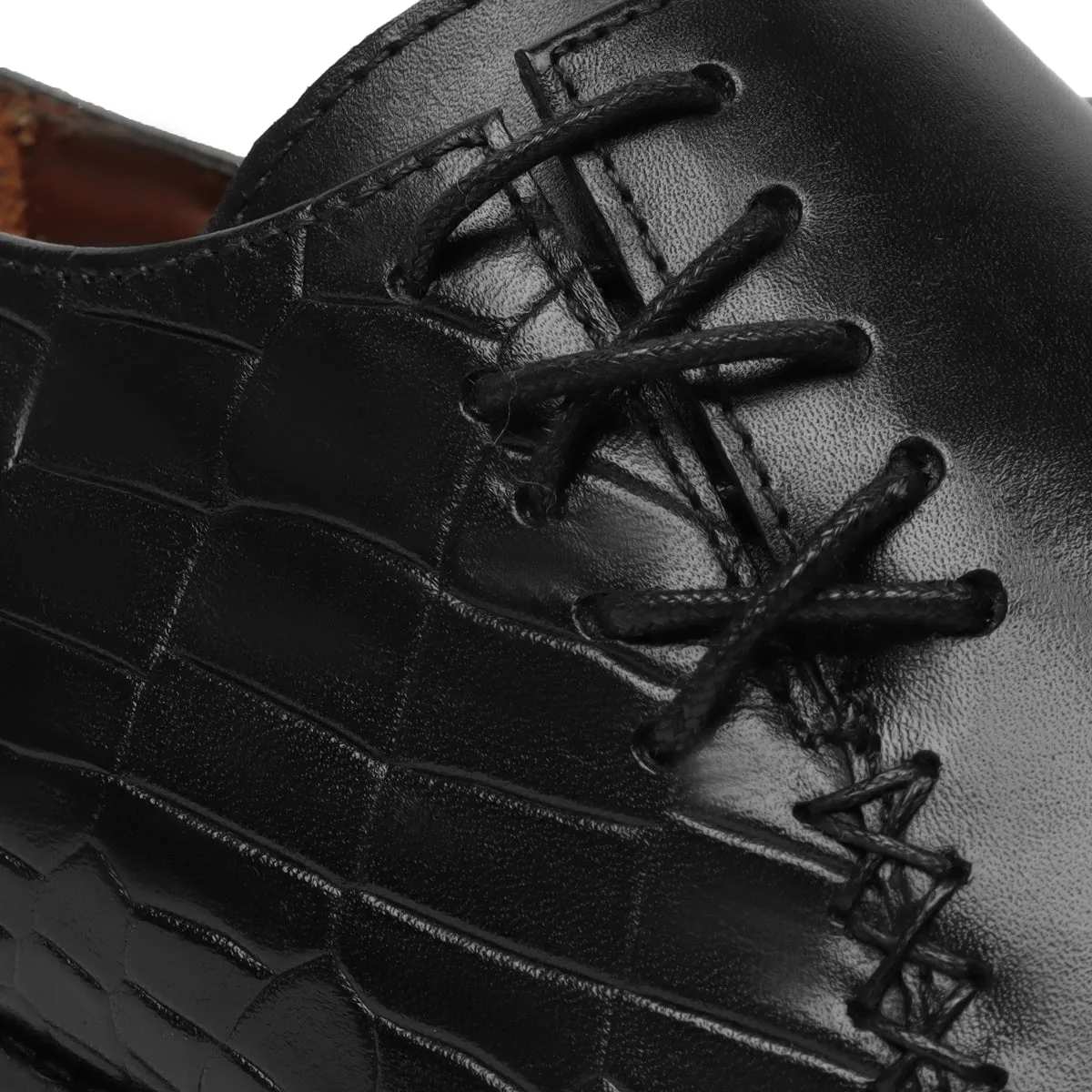 Black Cross Stitched Side Lacing with Quarter Deep Cut Croco Leather Formal Shoes by Brune & Bareskin