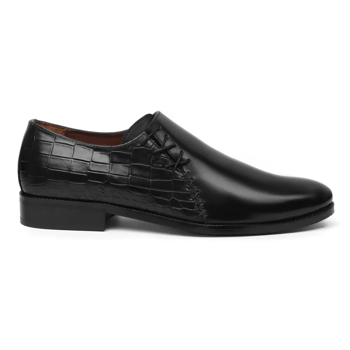 Black Cross Stitched Side Lacing with Quarter Deep Cut Croco Leather Formal Shoes by Brune & Bareskin