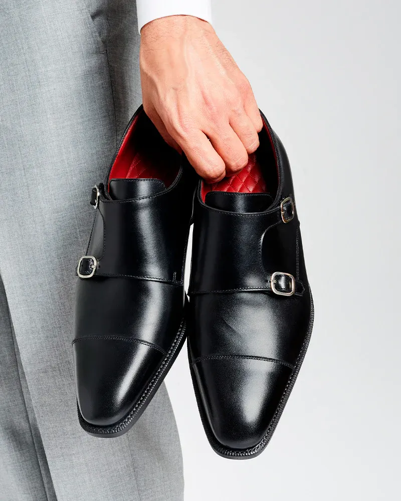 Black Double Monk Strap Dress Shoe with Rubber Half Soles