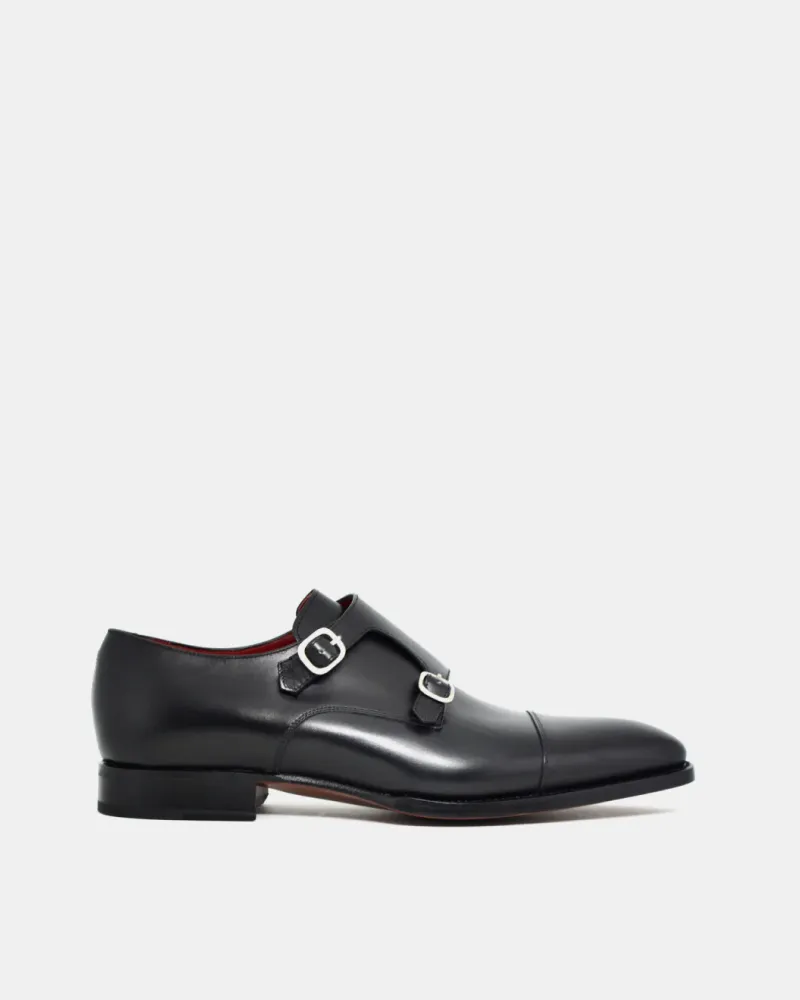 Black Double Monk Strap Dress Shoe with Rubber Half Soles