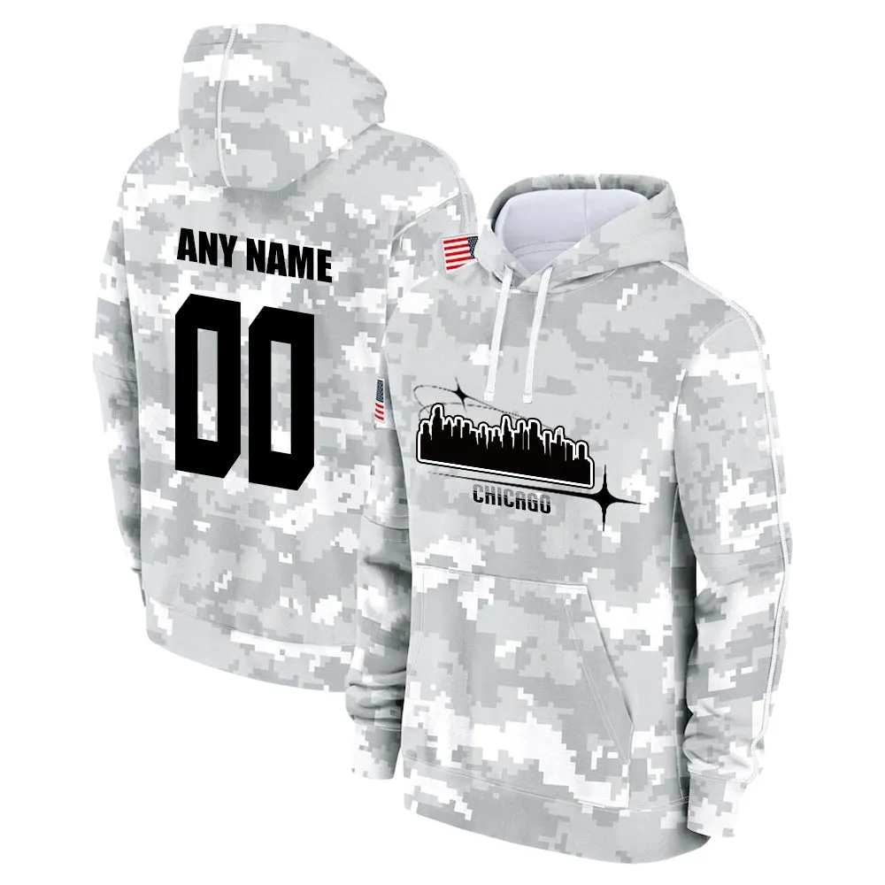 Custom Name & Number Hoodie Chicago Bears 2024 Alute to Salute to Celebrities Club Fleece Pullover Hoodie City Silhouette Hoodie Unisex