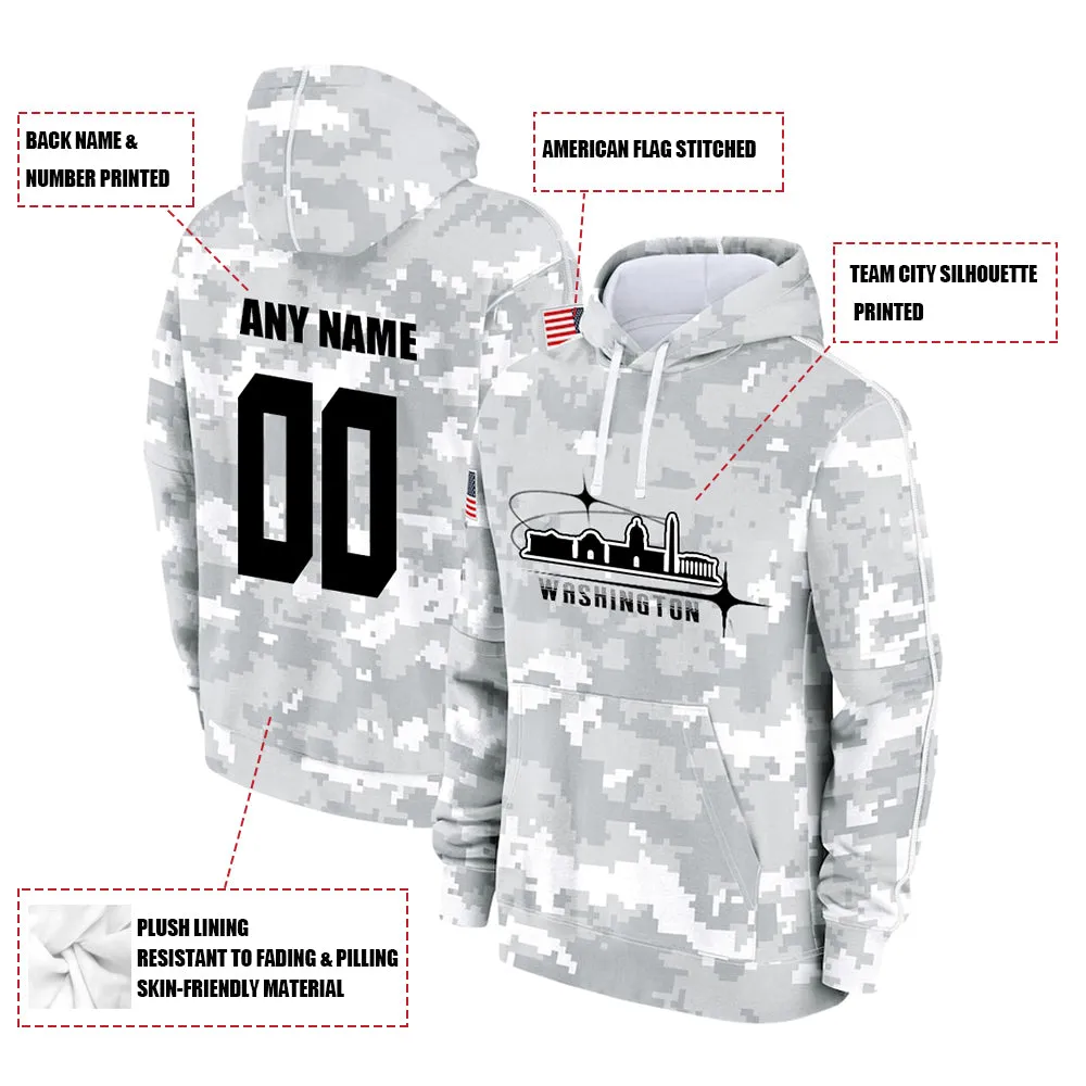 Custom Name & Number Hoodie Washington Commanders 2024 Salute to Celebrities Club Fleece Pullover Hoodie City Silhouette Hoodie Unisex