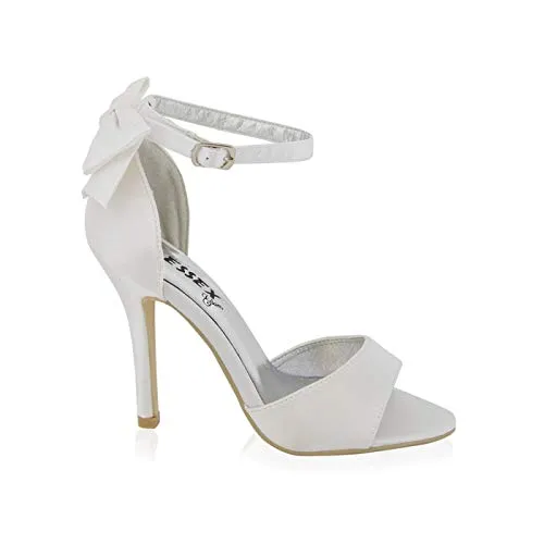 ESSEX GLAM Womens Stiletto HIGH Heel Ankle Strap Buckle Bow Ladies White Ivory Bridal Peeptoe Sandals Shoes