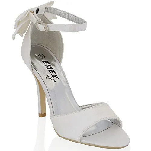 ESSEX GLAM Womens Stiletto HIGH Heel Ankle Strap Buckle Bow Ladies White Ivory Bridal Peeptoe Sandals Shoes