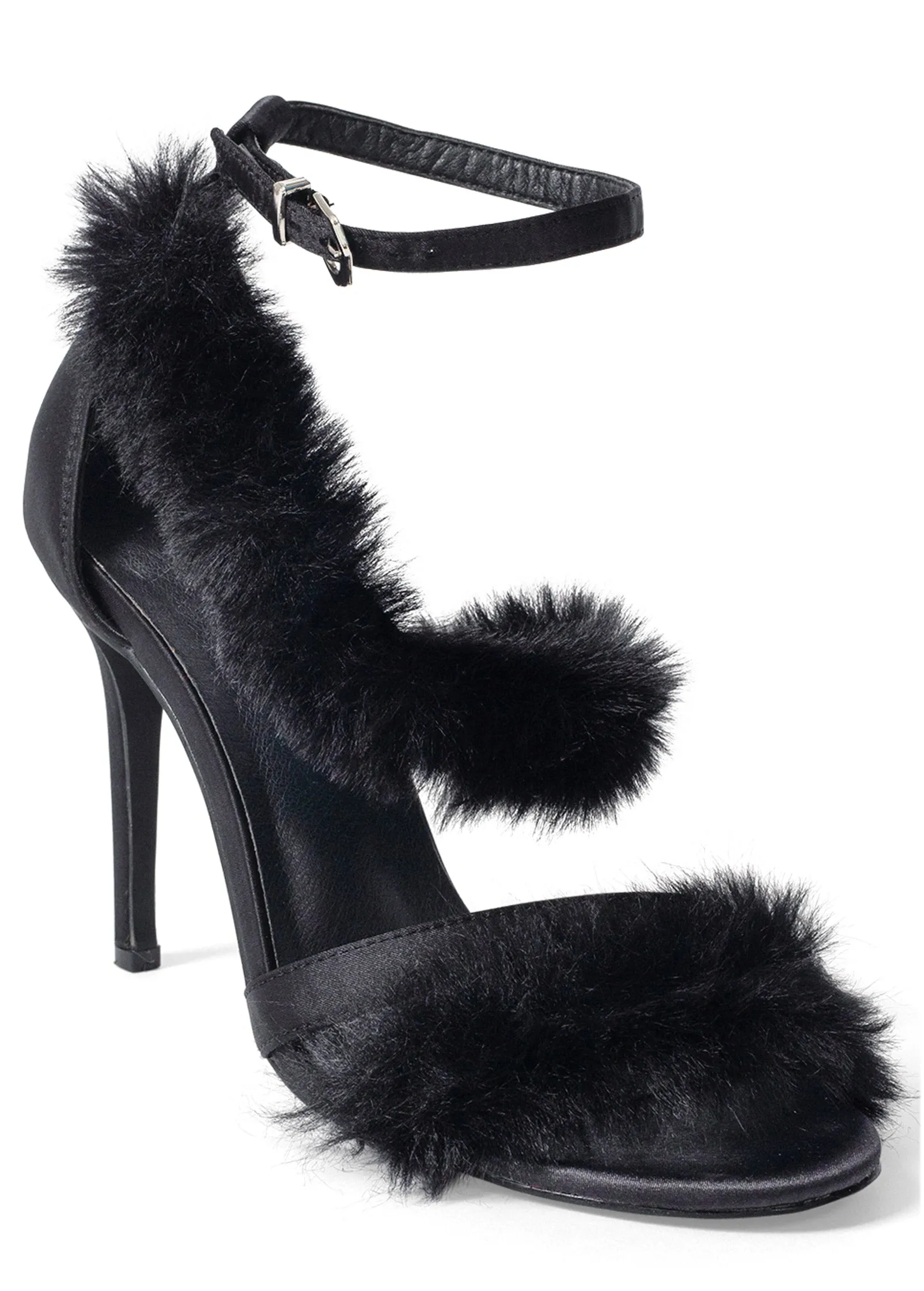 Faux-Fur High Heel Sandals - Black