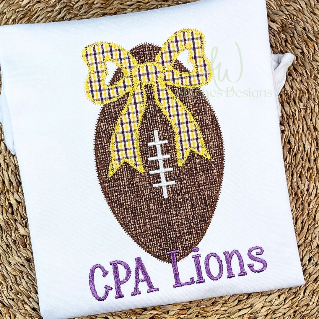 Football with bow zig zag applique machine embroidery design file