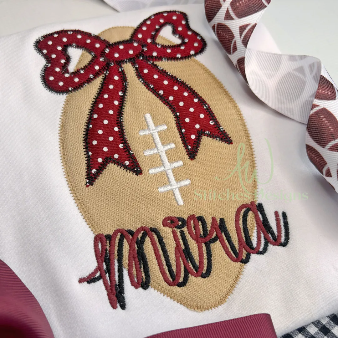 Football with bow zig zag applique machine embroidery design file