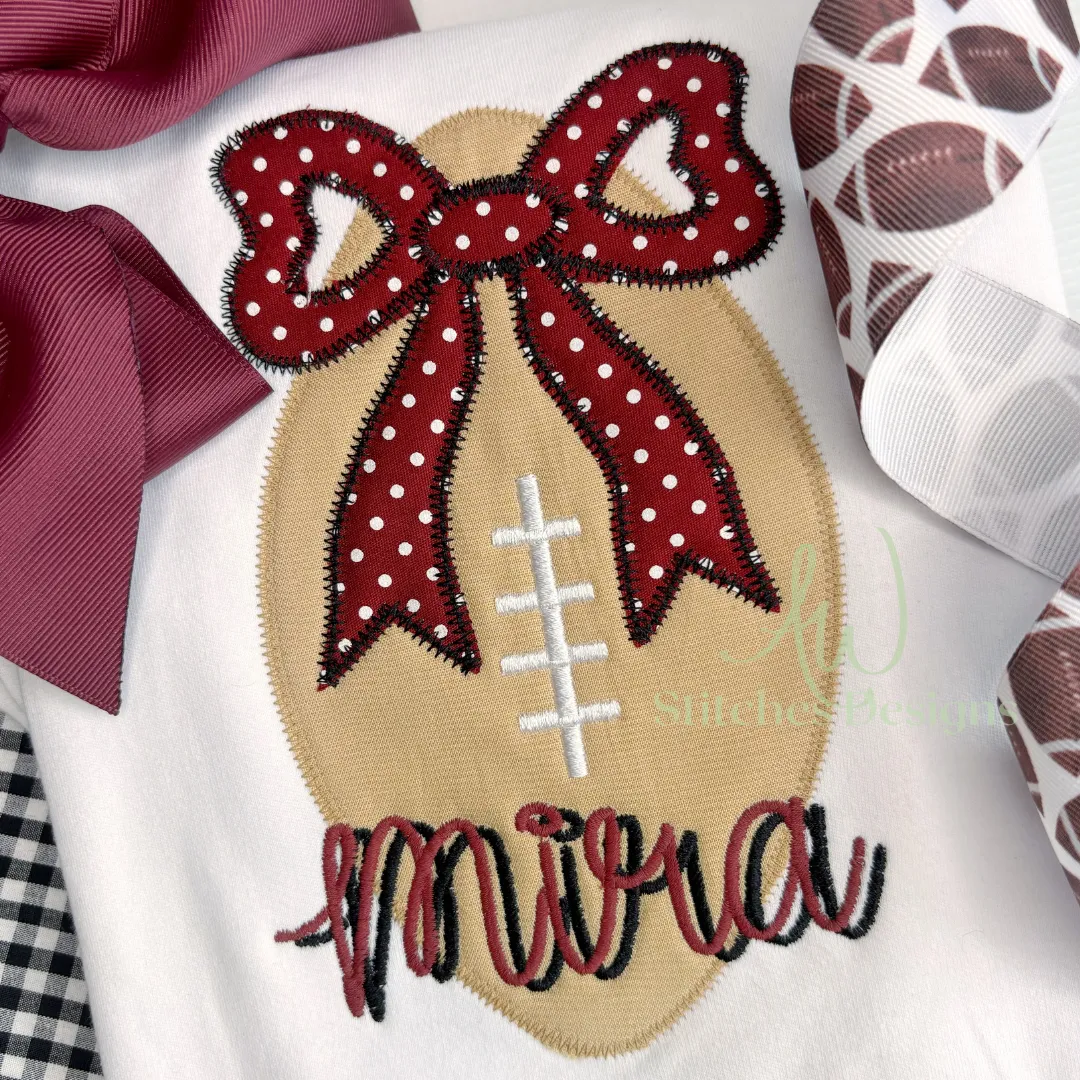 Football with bow zig zag applique machine embroidery design file