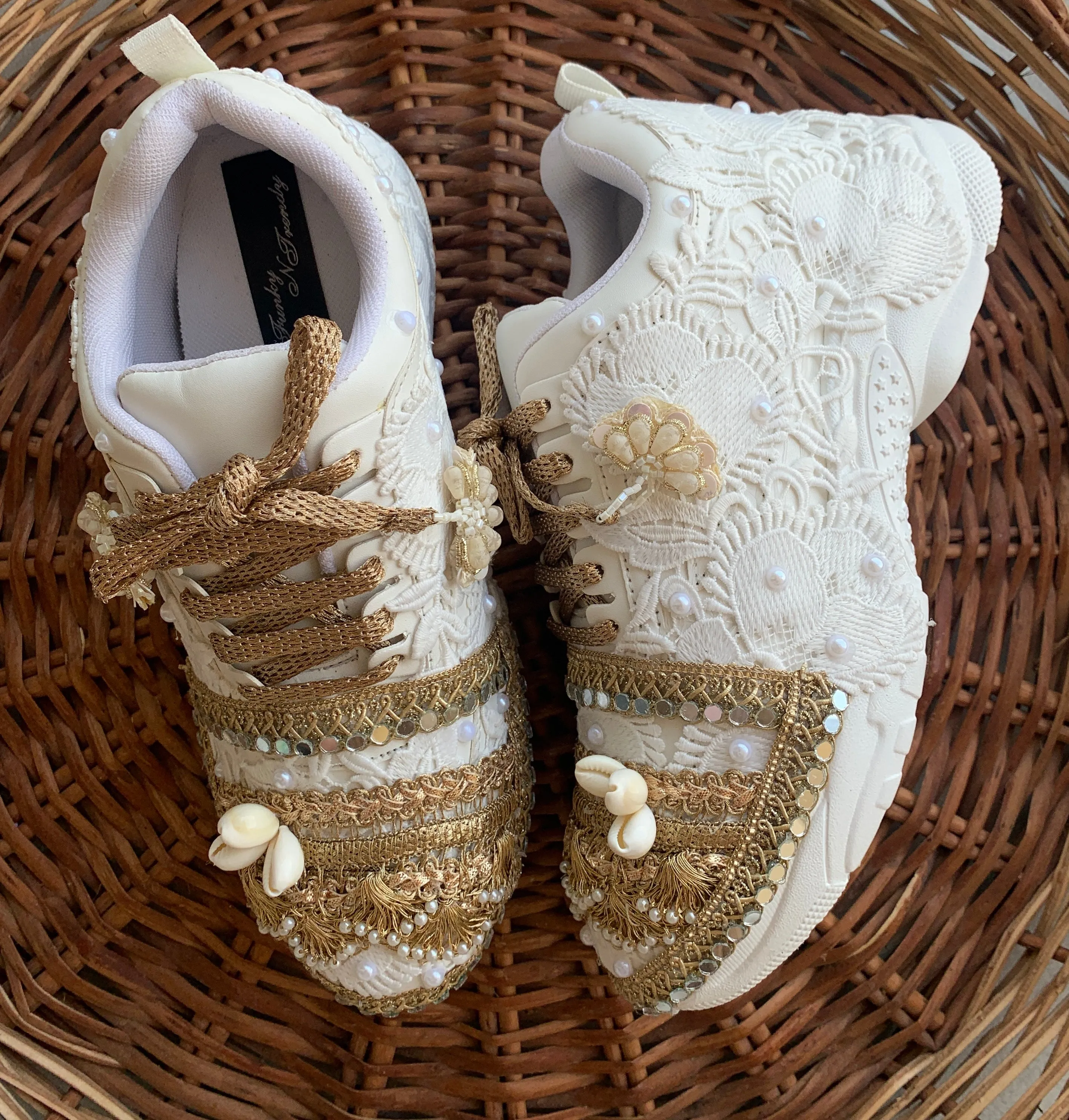 Funky N Trendy white and gold embroidery work bridal sneakers/ bridesmaid sneaker / golden sneakers/ white embroidered sneakers / gold sneakers