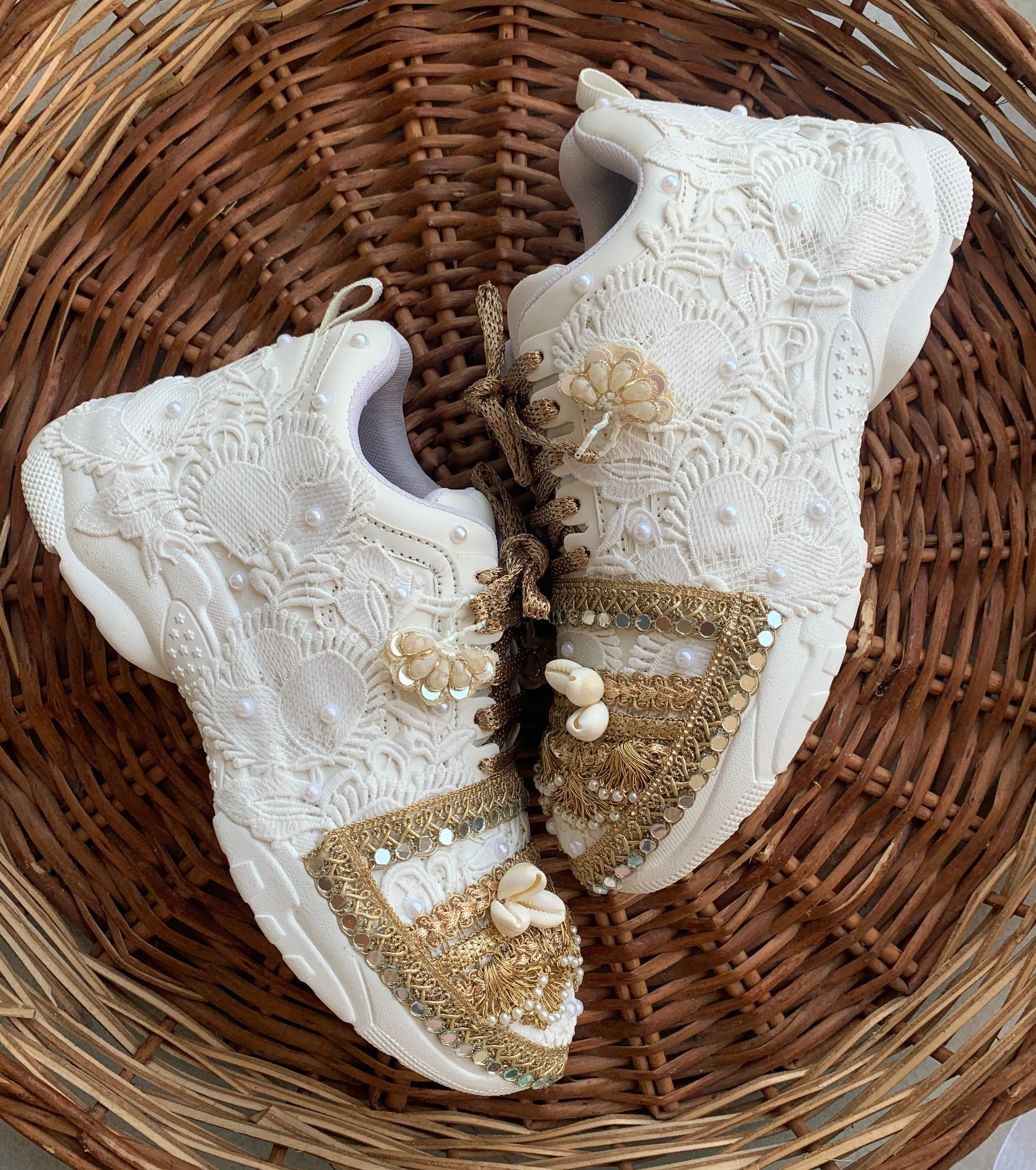 Funky N Trendy white and gold embroidery work bridal sneakers/ bridesmaid sneaker / golden sneakers/ white embroidered sneakers / gold sneakers