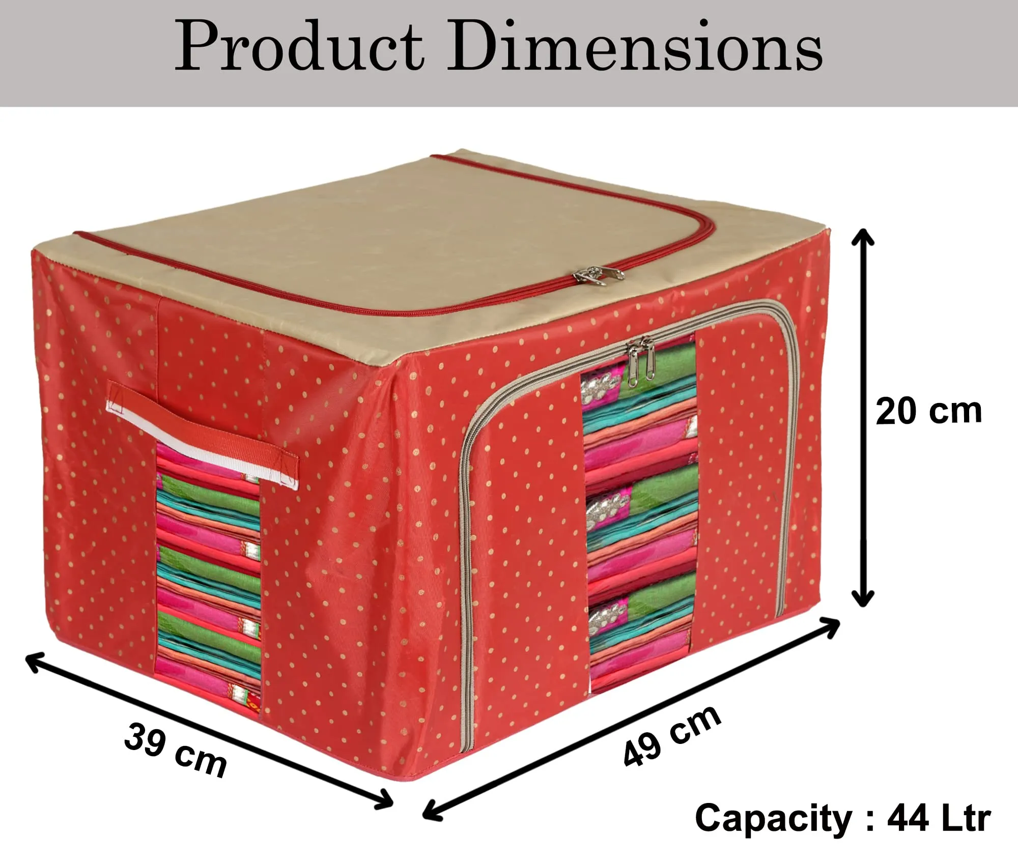 Heart Home Dot Printed Steel Frame Living Box, Closet Organizer, Cloth Storage Boxes for Wardrobe With Clear Window, 44Ltr. (Red & Brown)-44HH0230