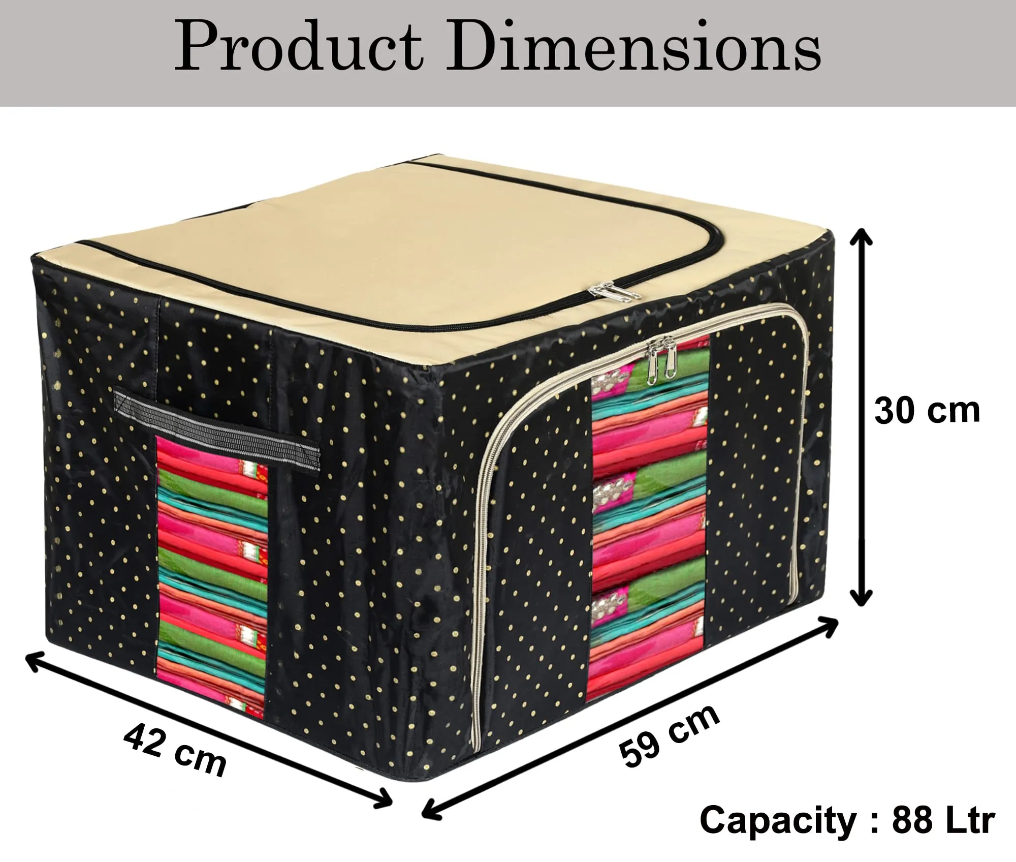 Heart Home Dot Printed Steel Frame Living Box, Closet Organizer, Cloth Storage Boxes for Wardrobe With Clear Window, 88Ltr. (Black & Grey)-44HH0270