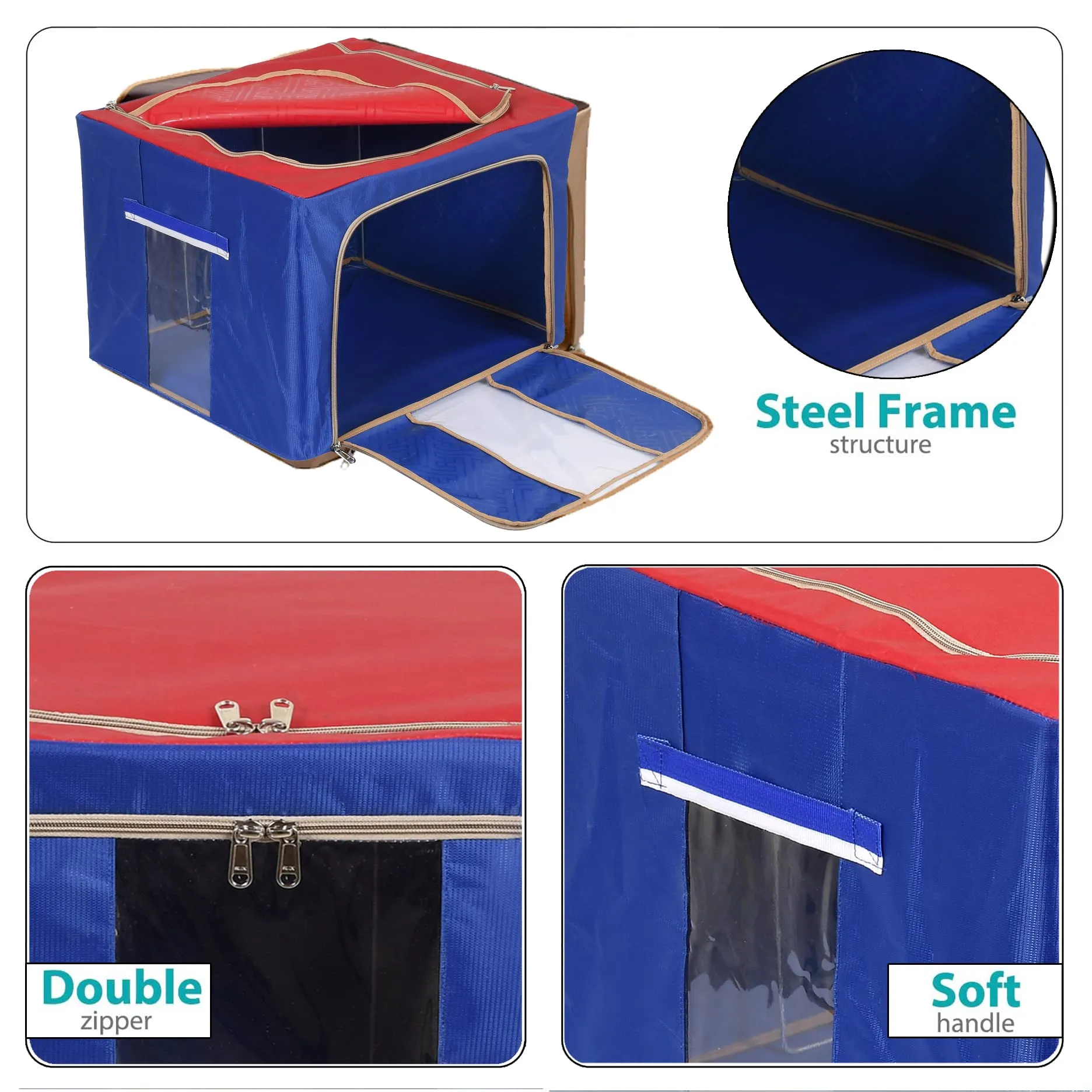 Heart Home Steel Frame Living Box, Closet Organizer, Cloth Storage Boxes for Wardrobe With Clear Window, 24Ltr. (Red & Blue)-44HH0286