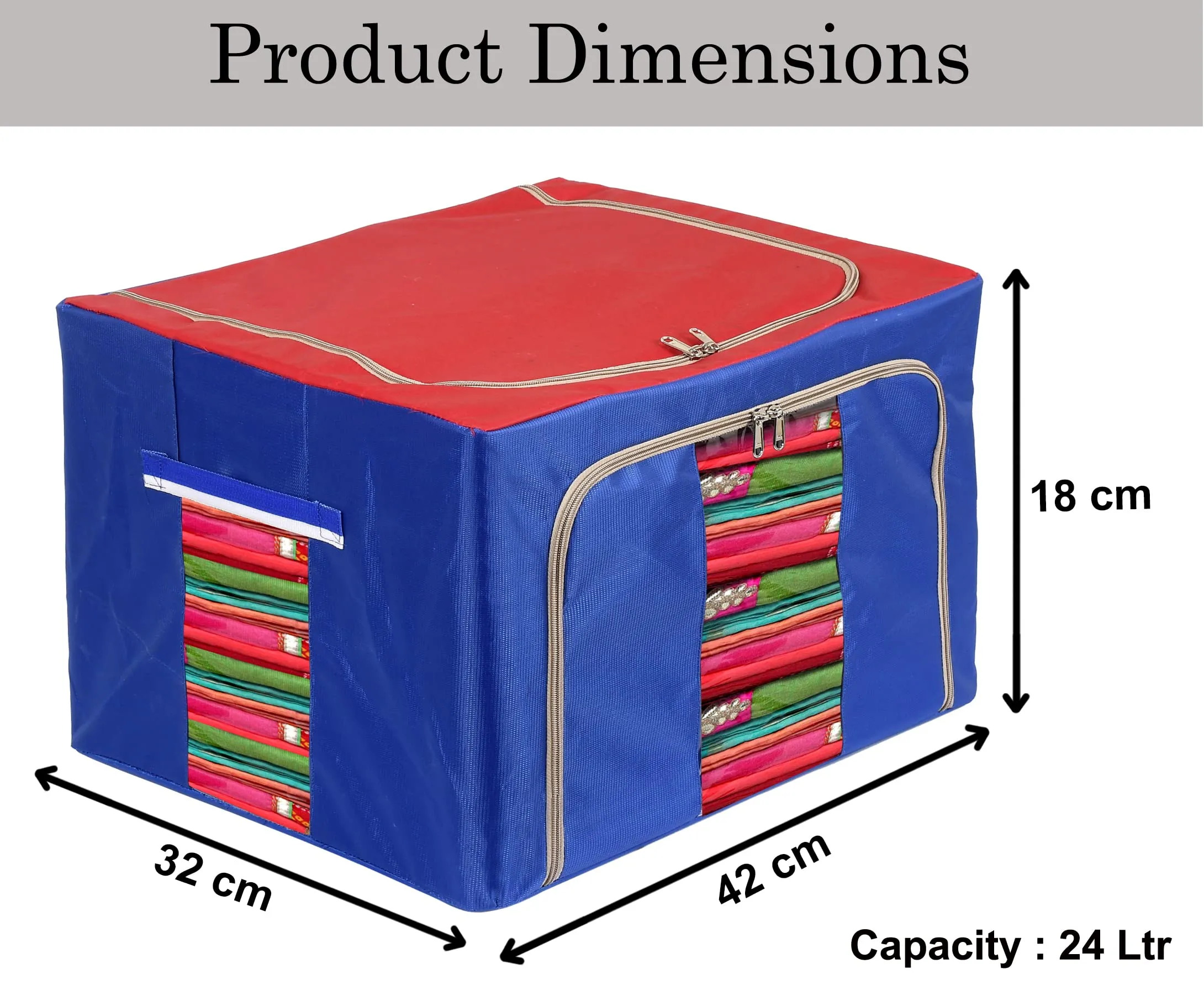 Heart Home Steel Frame Living Box, Closet Organizer, Cloth Storage Boxes for Wardrobe With Clear Window, 24Ltr. (Red & Blue)-44HH0286