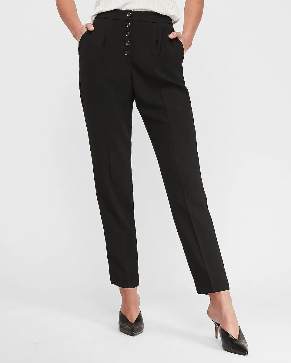 High Waisted Pleated Button Front Ankle Pant in Pitch Black