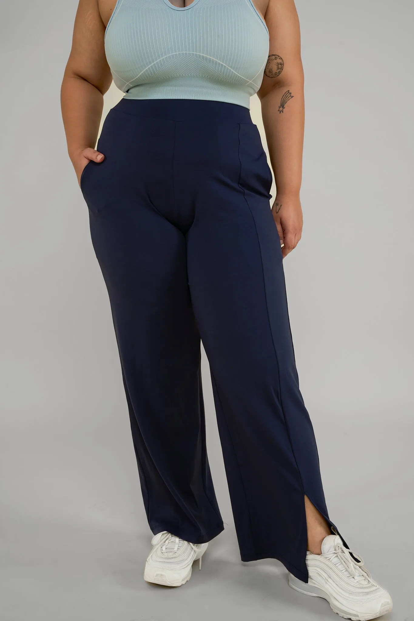 High waisted side slit flare pants with pockets