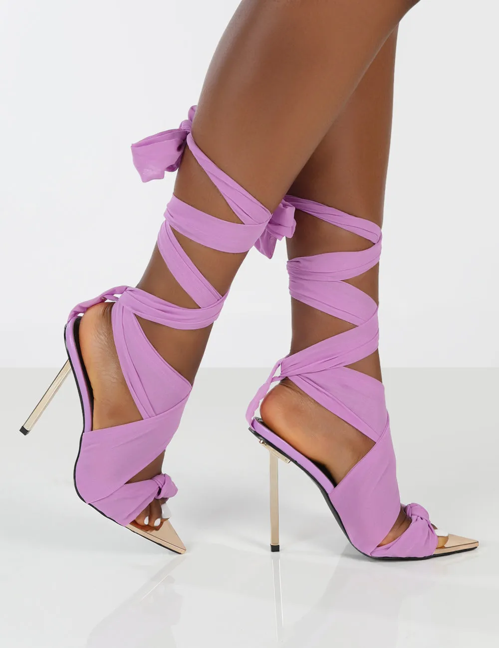 Huni Lilac Ribbon Tie Up Gold Stiletto Heels