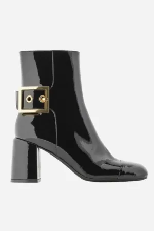 Jeffrey Campbell Academy Buckle Ankle Boot in Black Patent Gold